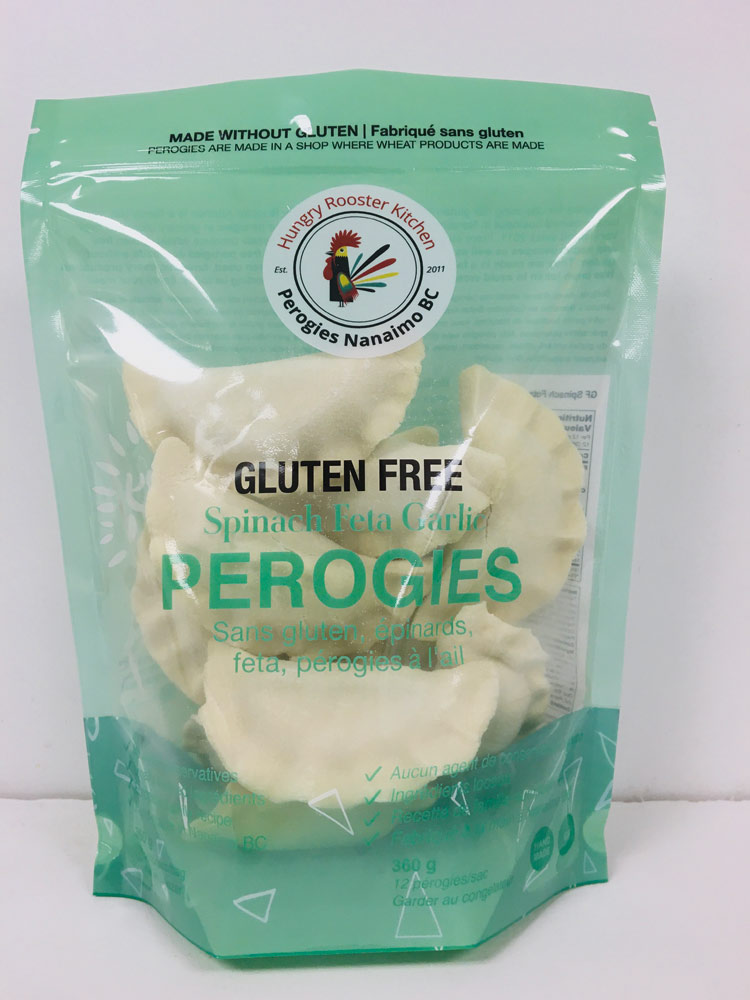 Hungry Rooster Kitchen Gluten Free Spinach, feta, garlic perogy packaging