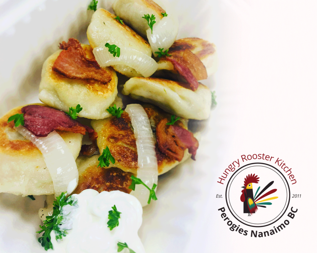 Grilled Hungry Rooster Perogies served with onions and souercream